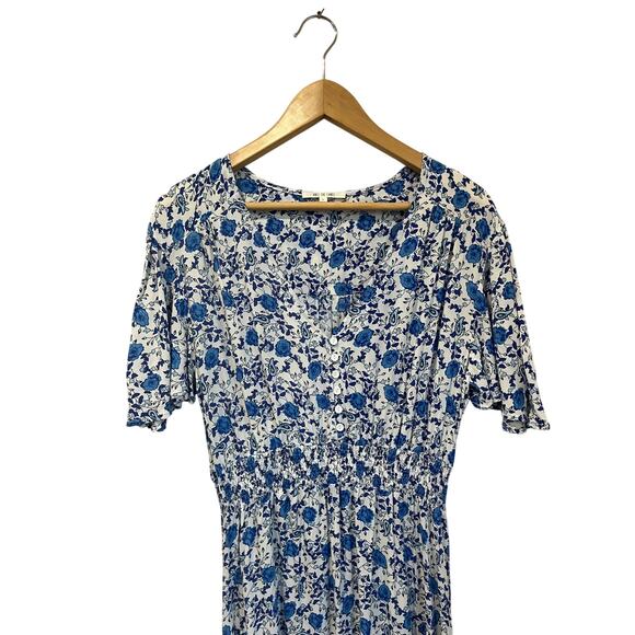 Abel The Label Blue White Floral Midi Dress L Wrap V Neck Cottagecore Boho - Picture 4 of 8